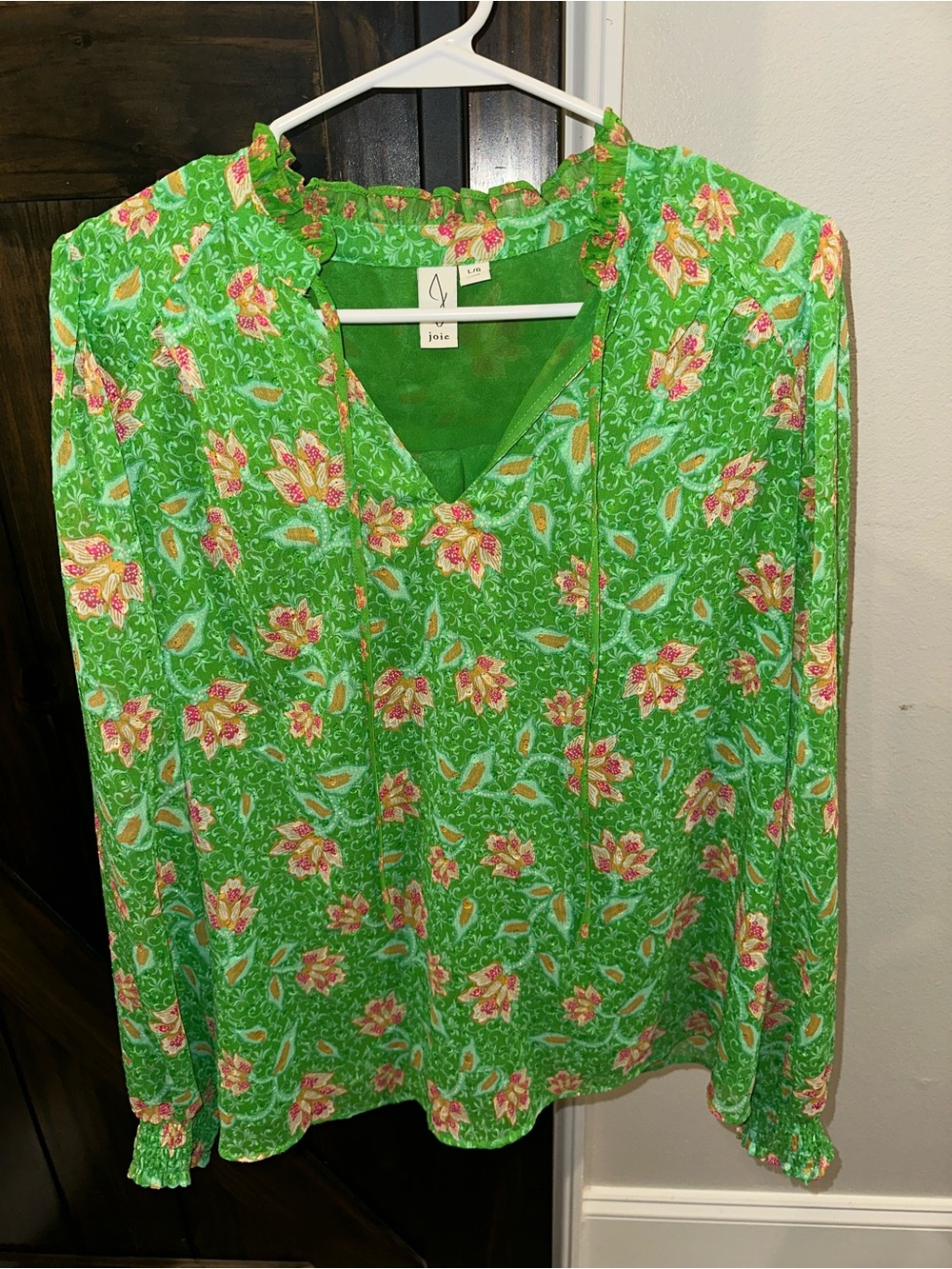 Joie Bright Green Floral V-Neck Ruffle Blouse